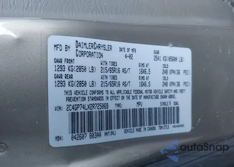 2002 Chrysler Town & Country Ex из США, поврежденный, VIN 2C4GP74LX2R725069